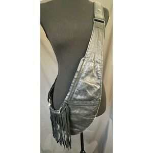 Sash Bag Black 100% Leather Fringe Crossbody Bag Sling Purse Women